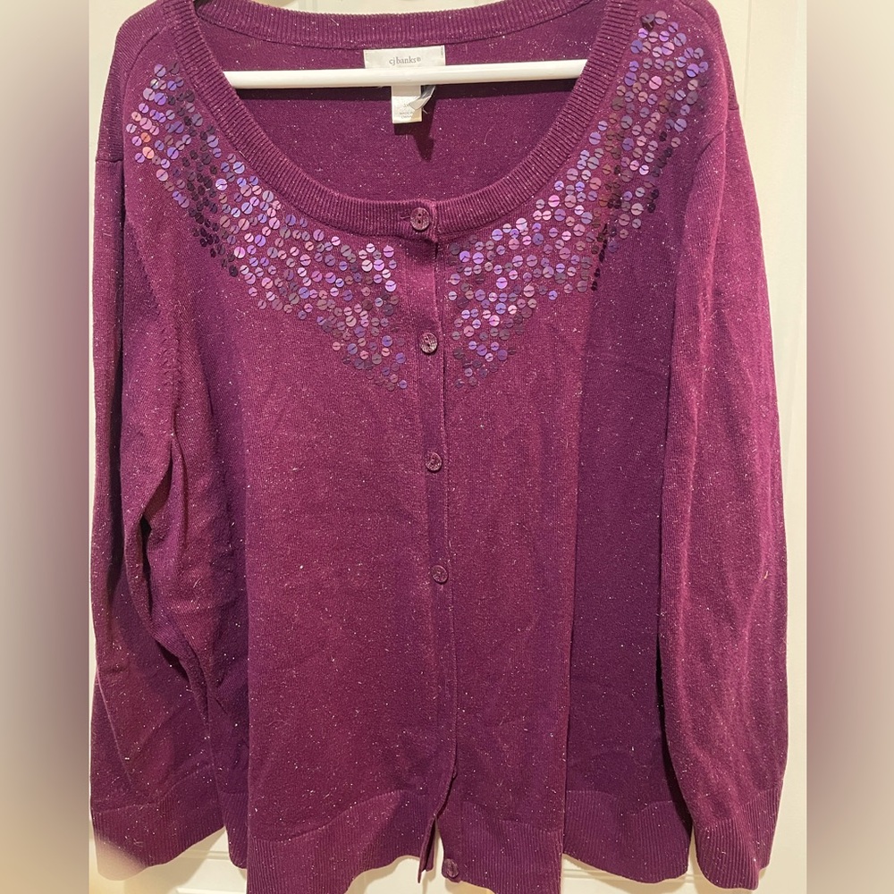 CJ Banks Plum Sparkly Cardigan Sweater with Sequins and Metallic thread 3X